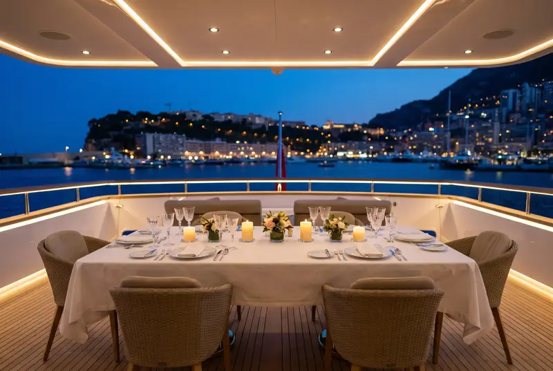 A table set for dinner on a yacht deck at sunset