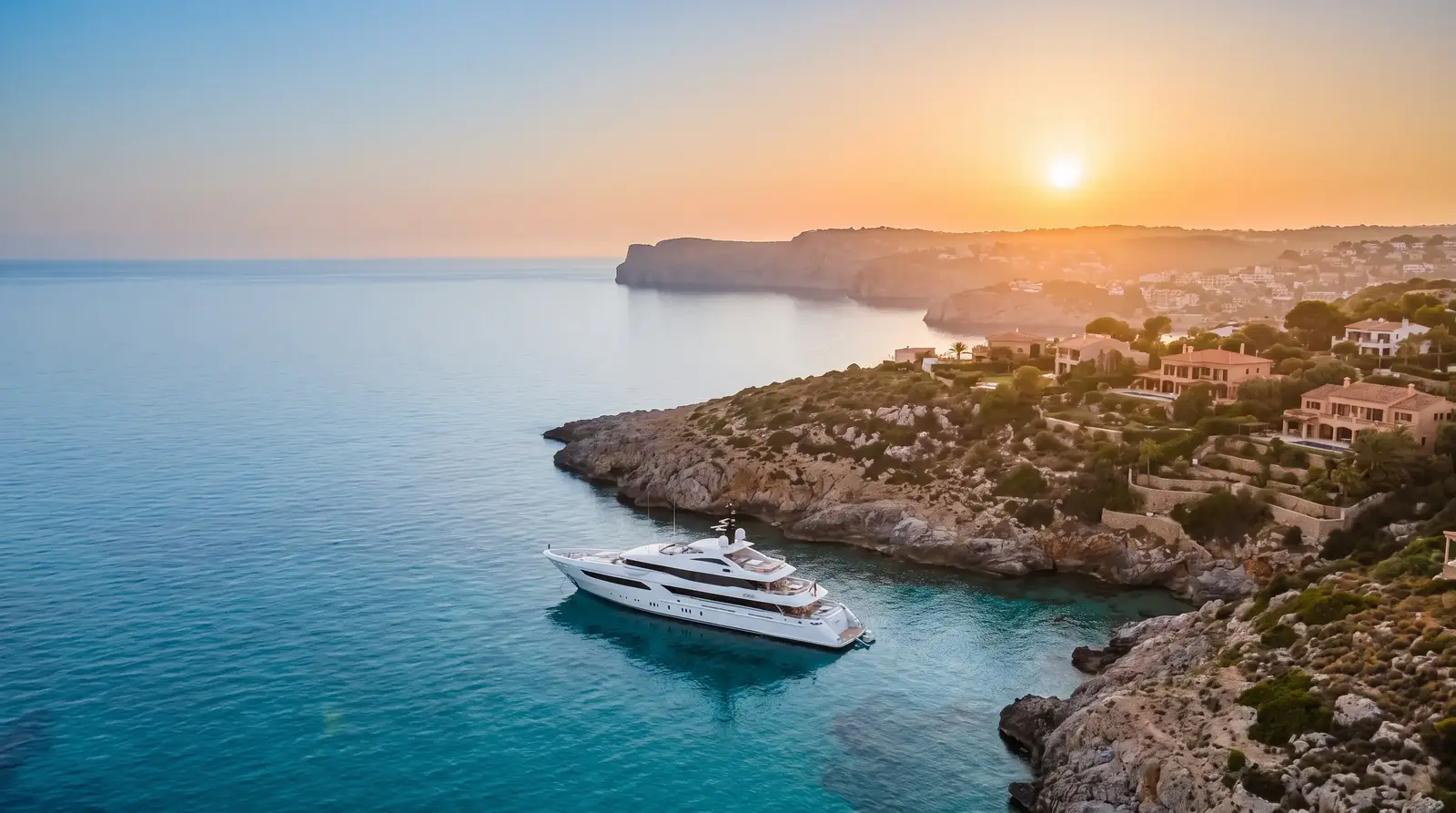 A yacht at anchor by the sunlit Mediterranean coast