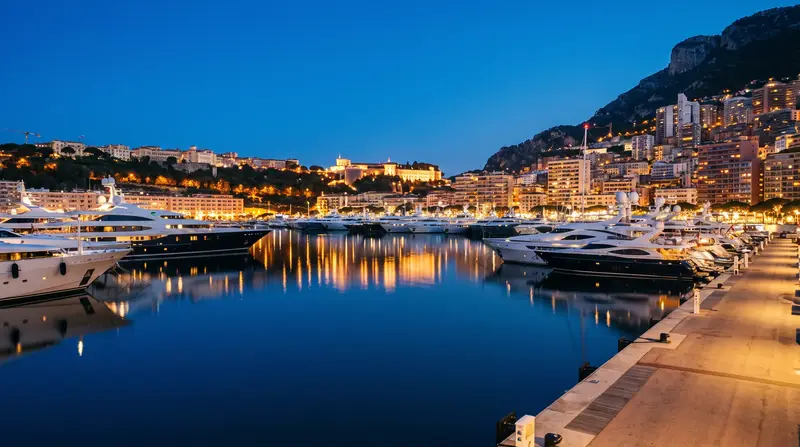 An illustrative view of the Riviera harbour at blue hour
