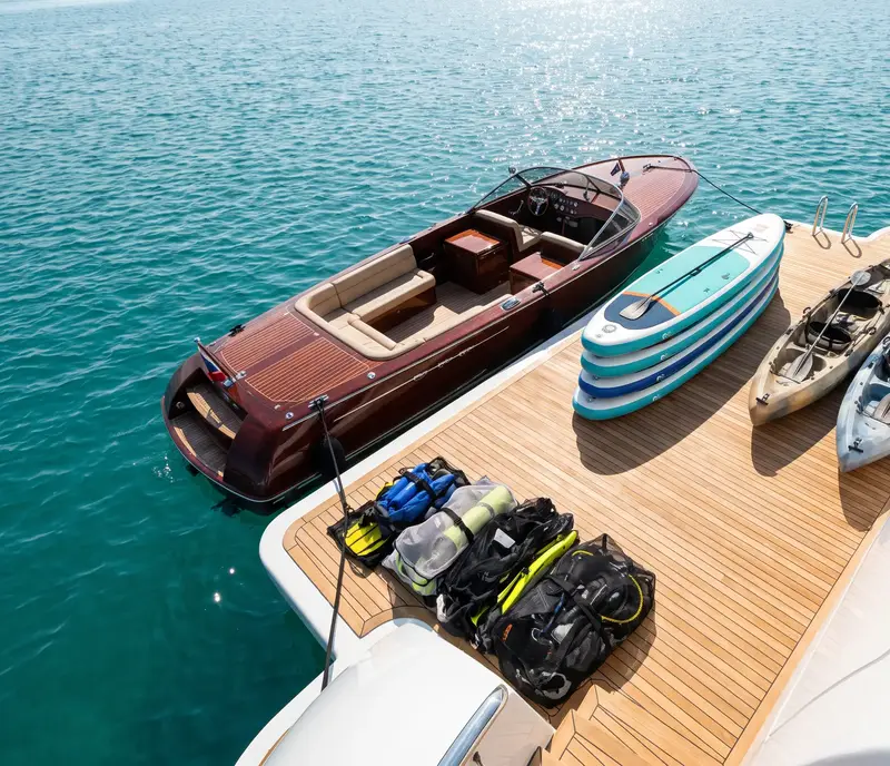 A yacht swim platform opening onto turquoise water