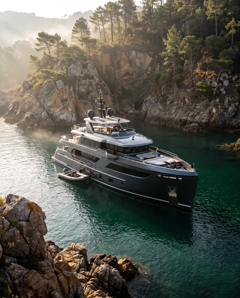 Illustrative explorer yacht TERRA NOVA at anchor